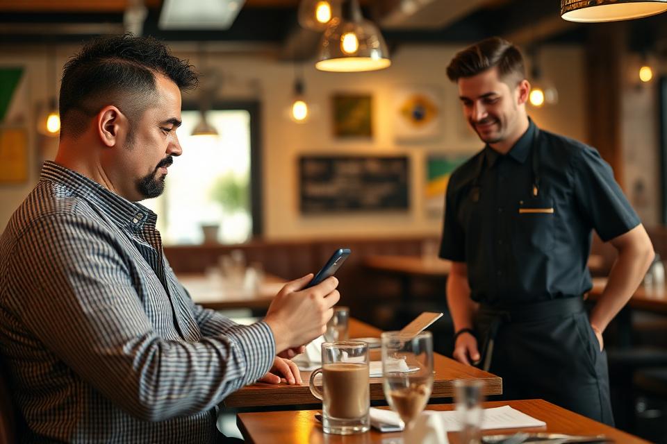 Proprietário avaliando candidaturas no celular com garçom ao lado
